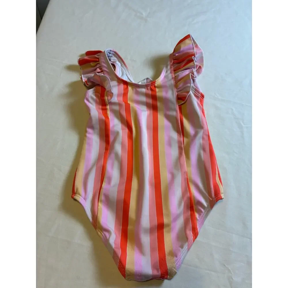 Cat & Jack 5T One Piece Swimsuit Pink Orange Stripe Ruffle Shoulder Swimwear